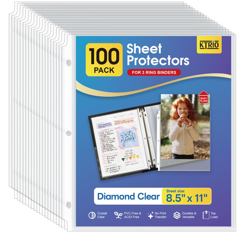 KTRIO Sheet Protectors 8.5 x 11 inch, Clear Page Protector for 3 Ring Binder, Plastic Sleeves for Binders, Top Loading Paper Sheets Document Sleeve Letter Size, Office & Home, 100 Pack - Image 1